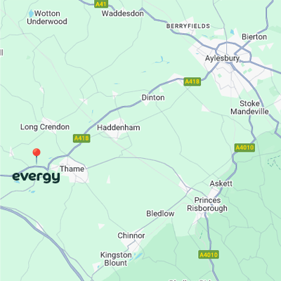 Map showing Evergy’s location near Thame and its close delivery routes to Aylesbury, Long Crendon, and surrounding areas.